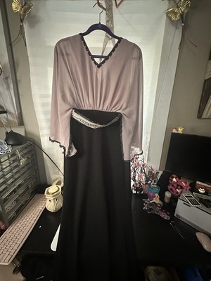 Black/Mauve Solid V-Neck Long Sleeve Maxi Dress S Lace Embroidered Accents