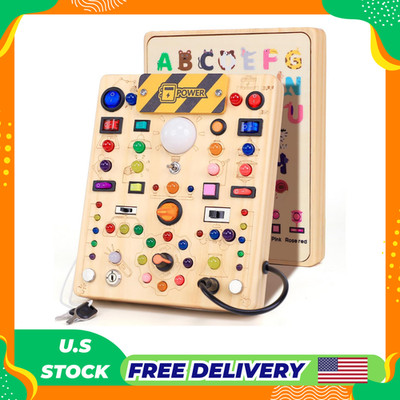 Busy Board with 19 LED Light Switches, Montessori Toys for 1 2 3 Years Old, Wood