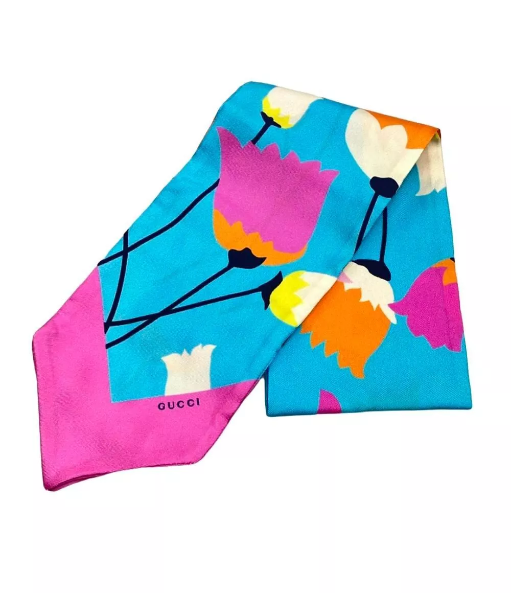 Foulard Gucci bleu à la mode motif tulipe en soie pour femme