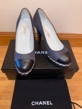 Brand New Chanel Gray Suede and black tip pumps size 37/7 With Chain Detail
