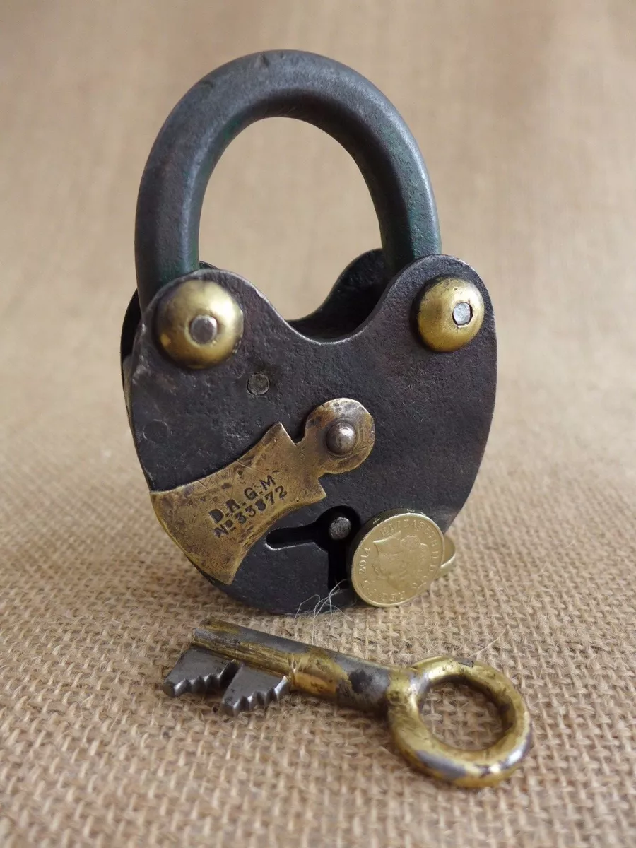 Antique Padlock with one key working order D.R.G.M brass details WW1 WW2