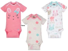Gerber Baby Girl 3-Piece ORGANIC Cotton Pink Bunnies Onesies Size 0-3M