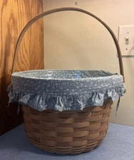 Longaberger Round Handled Basket Fabric Liner Plus plastic tray 13.5"D, 9"T