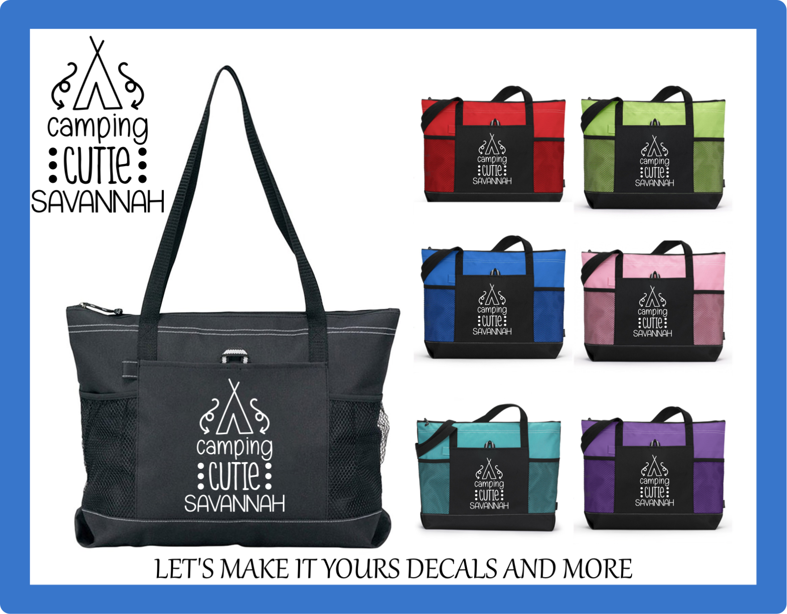 CAMPING CUTIE PERSONALIZED W/ NAME CUSTOM TOTE PURSE SPORTS GYM TRAVEL BAG ZIPS