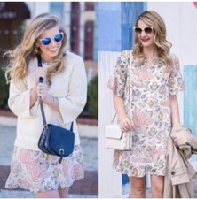 LOFT Shimmer Flounce Floral Dress XS Ruffle Hem Flowers Flutter Sleeve Keyhole