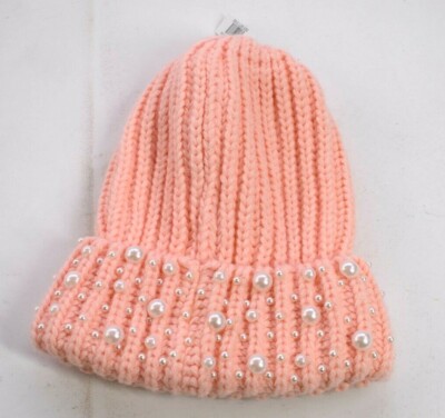 Tasha Womens Pink Knit Pearl Design Fold Up Casual Winter Cute Beanie One Size