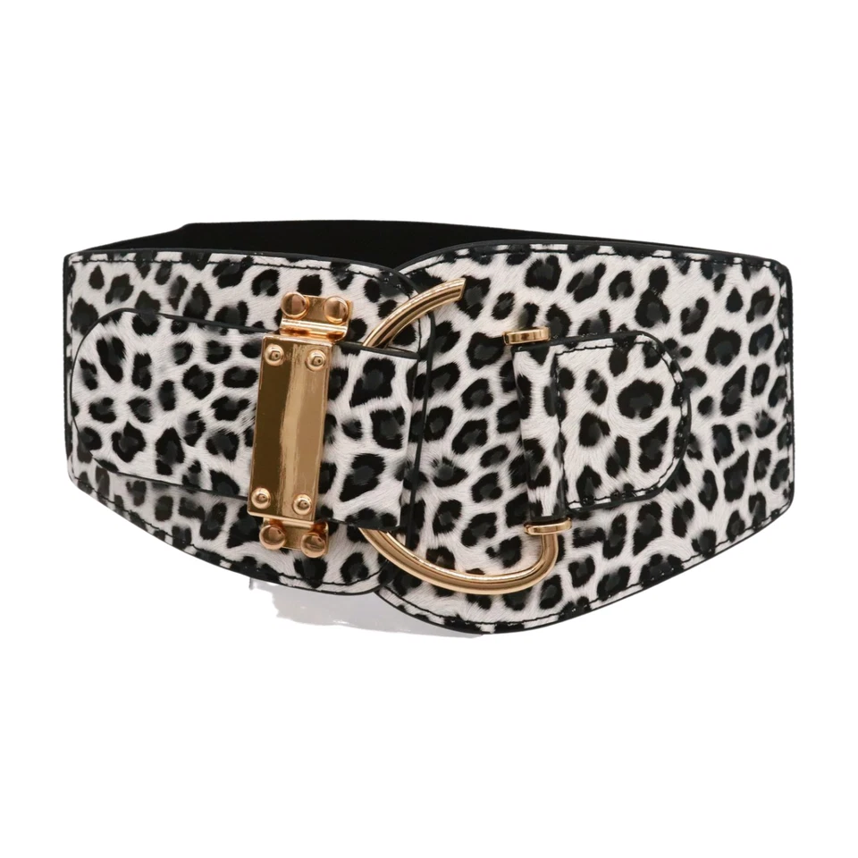 Mujeres Leopardo Animal Estampado Elástico Ancho Guepardo Cinturón Oro Gancho Hebilla Talla L XL Foto 2 de 4