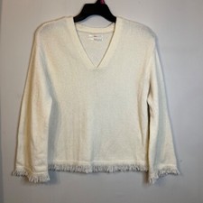 Anthropologie Joy Alpaca Fringe Wool Blend Sweater V-Neck Pullover Boho Cream M