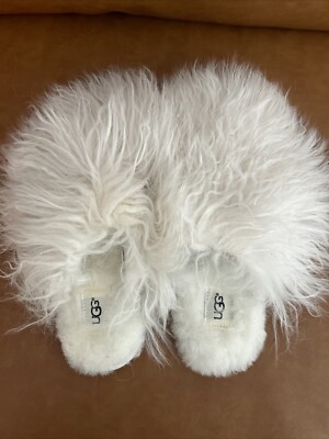 UGG WHITE FLUFF MOMMA MONGOLIAN CLOG SHEEPSKIN SLIPPERS, WOMEN US 5