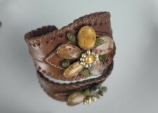 Brown Leather and Natural Stone Cuff Bracelet - ONE OF A KIND