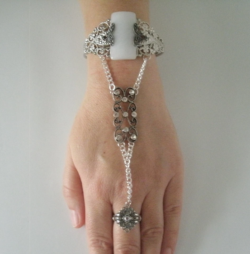 Pulsera Esclava Cadena Mano Boho Medieval Renacimiento Piedra Lunar Gótica Art Deco Foto 4 de 4