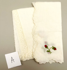 Vintage Rose Embroidered Handkerchief Scalloped Lace Pair A