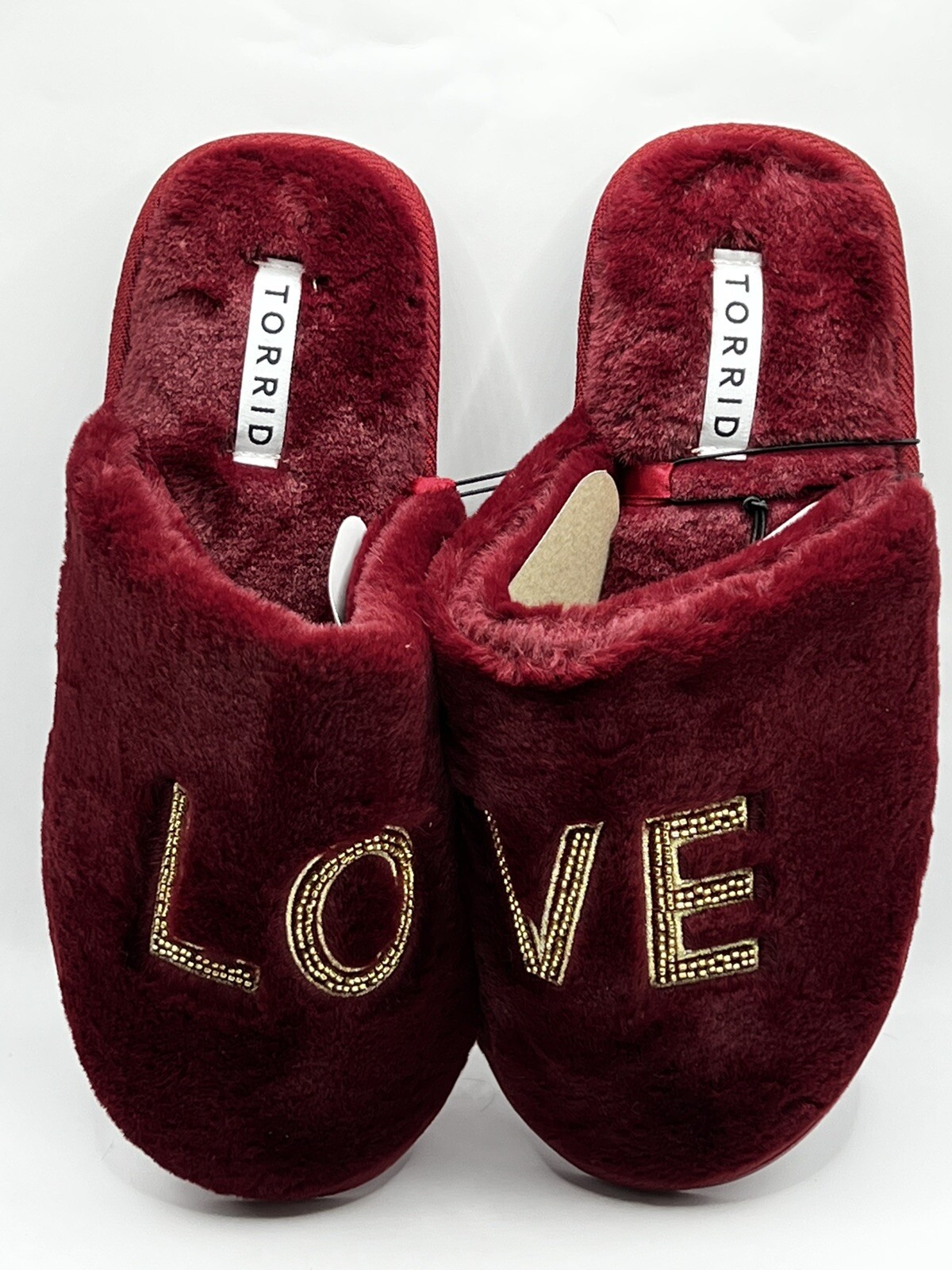PANTOFOLA D’ORO Ciabatte Fuzzy Slip On Love Donna Taglia 8W Rosso Oro Scritta Schiena Aperta Torrid