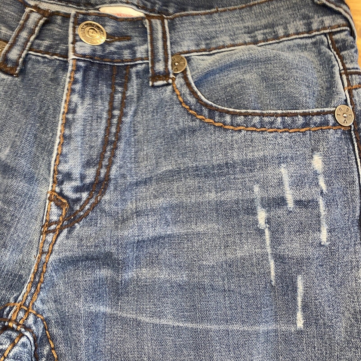 True Religion Jeans Logan Super T Distressed Buttons Zip Fly Men's