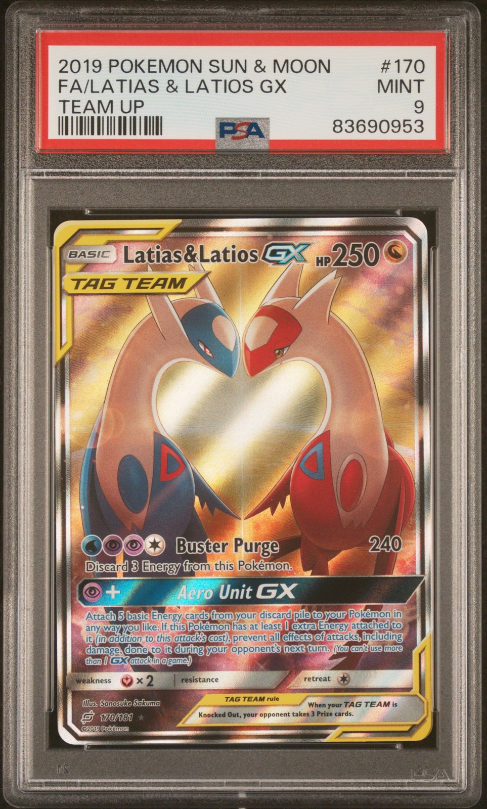 2019 POKEMON SUN & MOON TEAM UP #170 FULL ART/LATIAS & LATIOS GX PSA 9