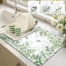 Dish Drying Mat for Kitchen Counter, 12"x20" Absorbent Coffee Bar Mat with Green