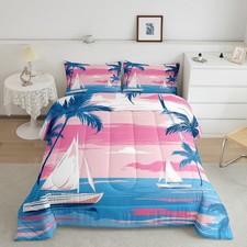 Nautical Sail Boat Twin Comforter Set for Boys Girls Tropical Palm Tree Beddi...