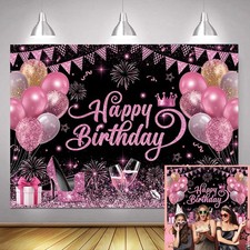 7X5Ft Pink and Black Happy Birthday Backdrop Women Birthday Party Photography