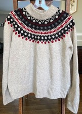 H M Ladies Soft Jacquard-Knit Long Sleeve Sweater Beige Multicolor Pattern-Sz M