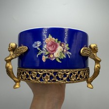 Vintage Cobalt Blue Porcelain Candy Sugar Bowl Bronze Handles Floral Decor
