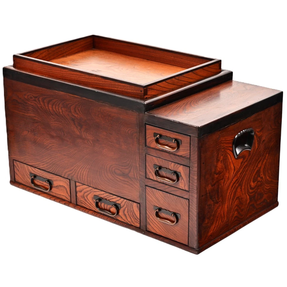 Antique Original Vintage Japanese Keyaki Hibachi Brazier Tea Chest Coffee Table - Image 3 of 4