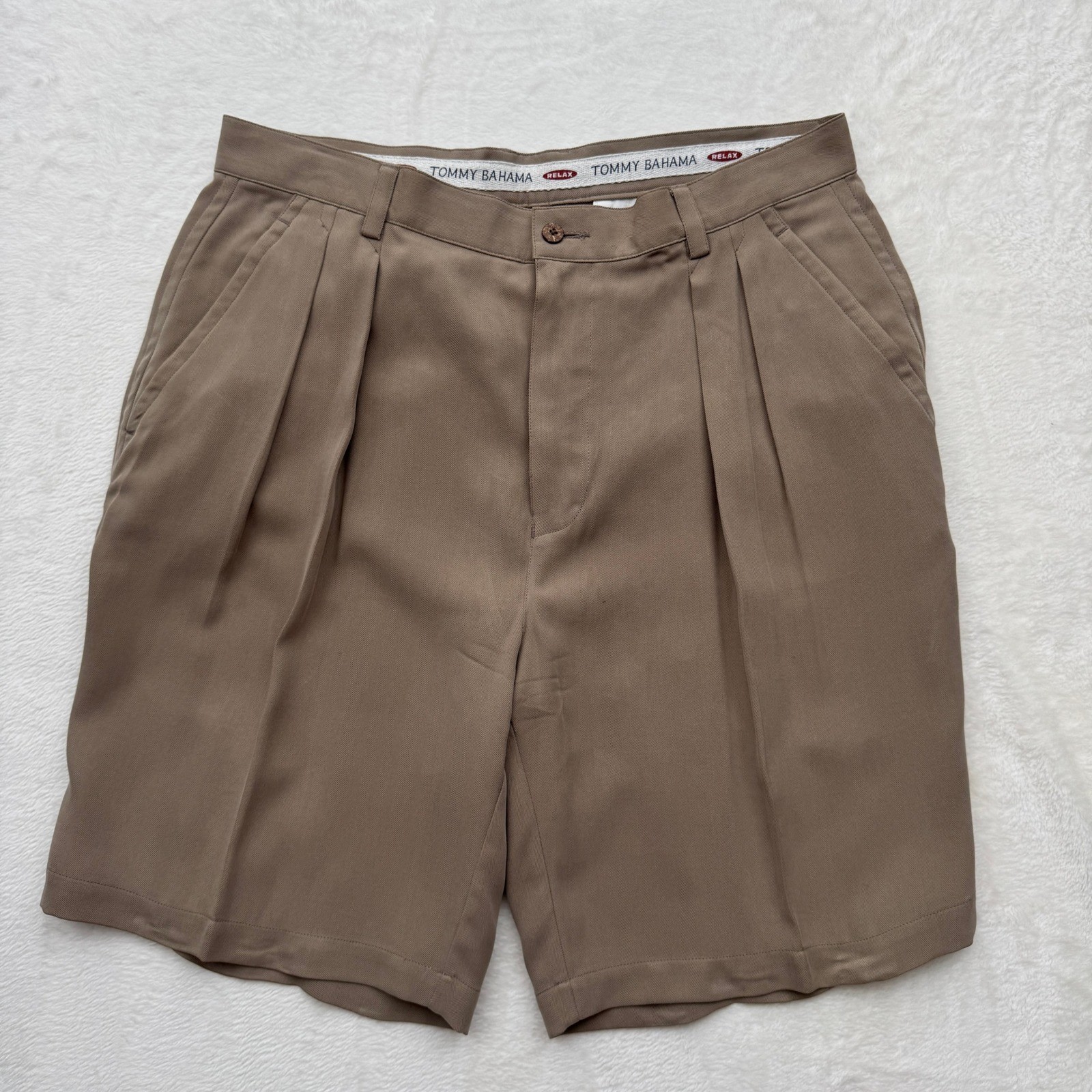 Tommy Bahama Shorts Mens 35 Brown Relax Silk Blend Pleated Herringbone Island