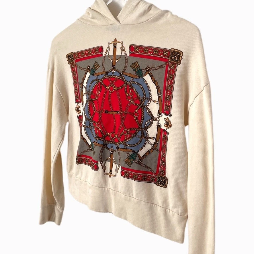 OFF WHITE Felpa con cappuccio Zara 100% cotone catena corda equitazione grafica ritagliata taglia S