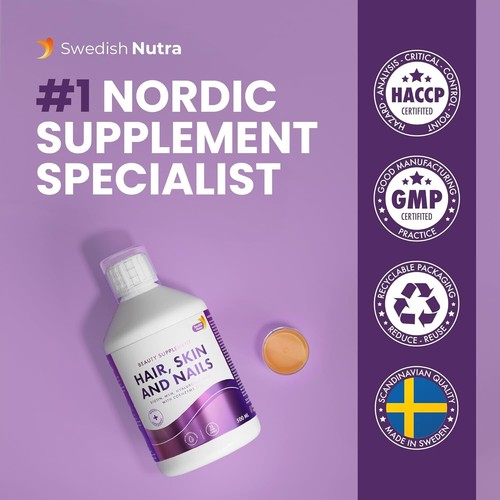 Swedish Nutra - Hair, Skin & Nails Liquid Supplement - Pack of 500 ml, 33 Day Su - Picture 2 of 6