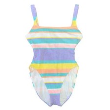 M Vintage Anne Cole Pastel Striped Cotton One Piece High Cut Low Back Swimsuit