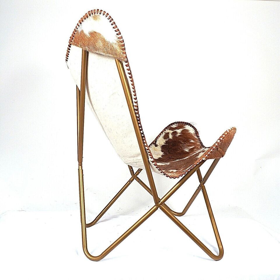 Cowhide Leather Butterfly Chair Brown & White Folding Living