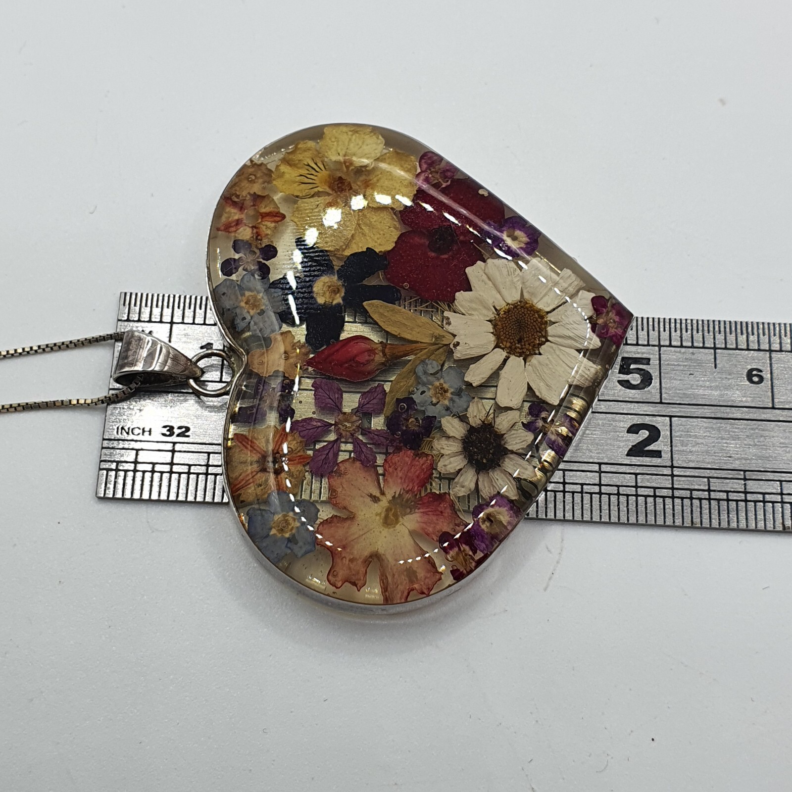Photo 5 of Sterling Silver 925 Dried real Flowers Resin Heart Necklace 18" Fine Chain N42