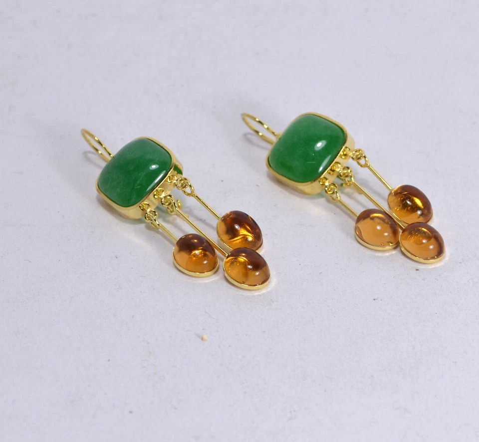 ORECCHINI ARGENTO DORATO CARRE GIADA 16 mm  OVALI CITRINO 8 x 10 mm  AGHT 0793 - - Immagine 2 di 3