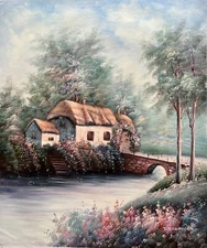 LAKE CANAL COTTAGE Hand Signed Original Oil Painting on Canvas - SALE 90% OFF