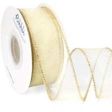 Ivory Organza Wired Ribbon Ivory Sheer Ribbon with Gold Metallic Edge1-1/2 In...
