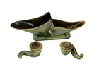 Vintage Set Of 3 Hull Pottery Parchment & Pine Console Bowl With Candle Holders
