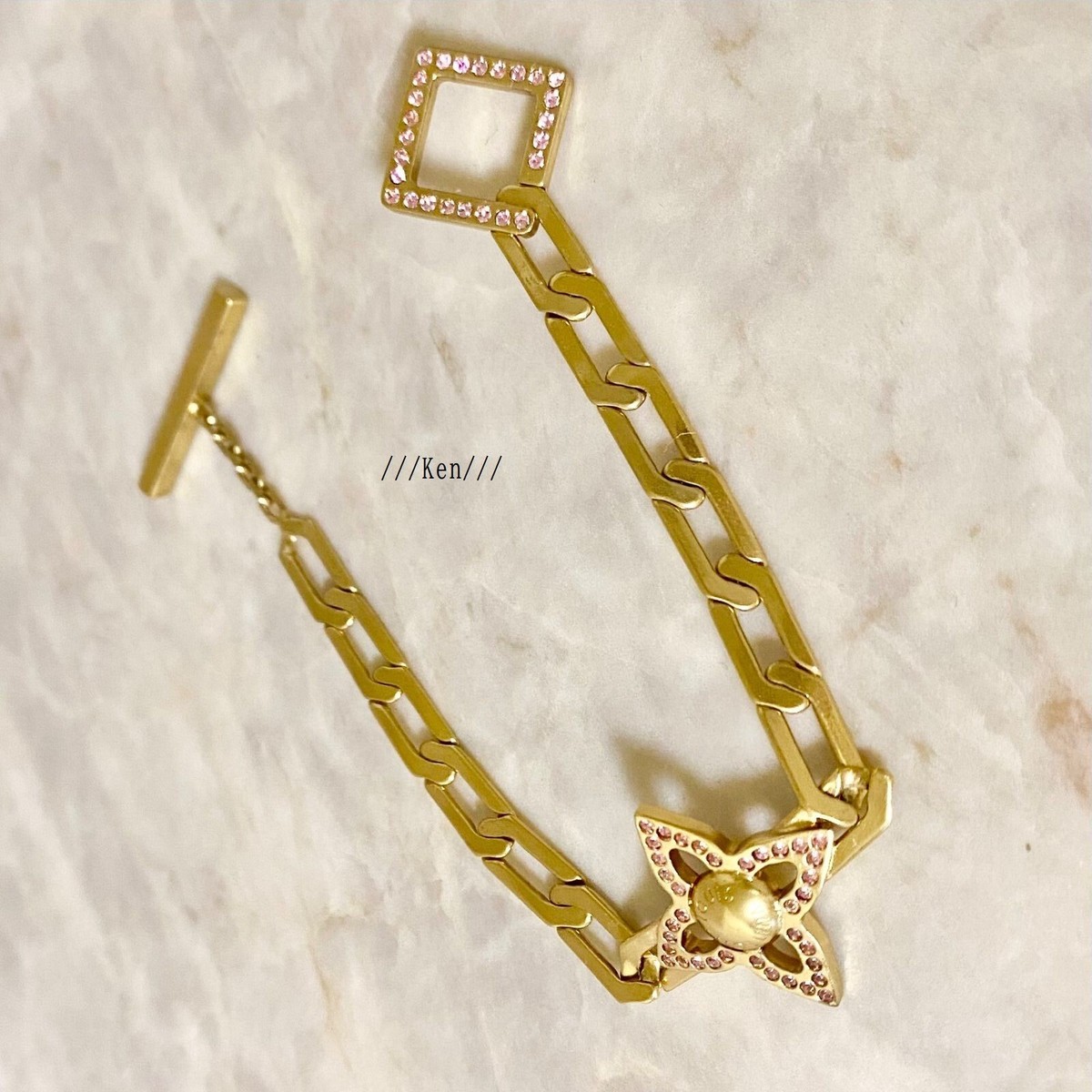 LOUIS VUITTON Bracelet Bangle AUTH Gold Pink Stone Flower 17cm