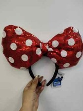 NEW Disney Parks RED Christmas Minnie Mouse Green Bow Sequins Ear Headband Ears