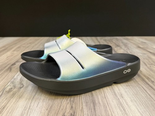 OOFOS OOahh Luxe Frost Iridescent Blue Recovery Slide Sandals 1101 Womens 8 NEW