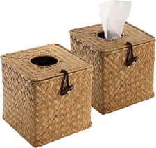 2 Pack Square Seagrass Facial Tissue Box - Decorative Woven Paper Holder