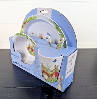 Peter Rabbit 5 Pc Kids Dinner Set Melamine Plate Bowl Cup Cutlery
