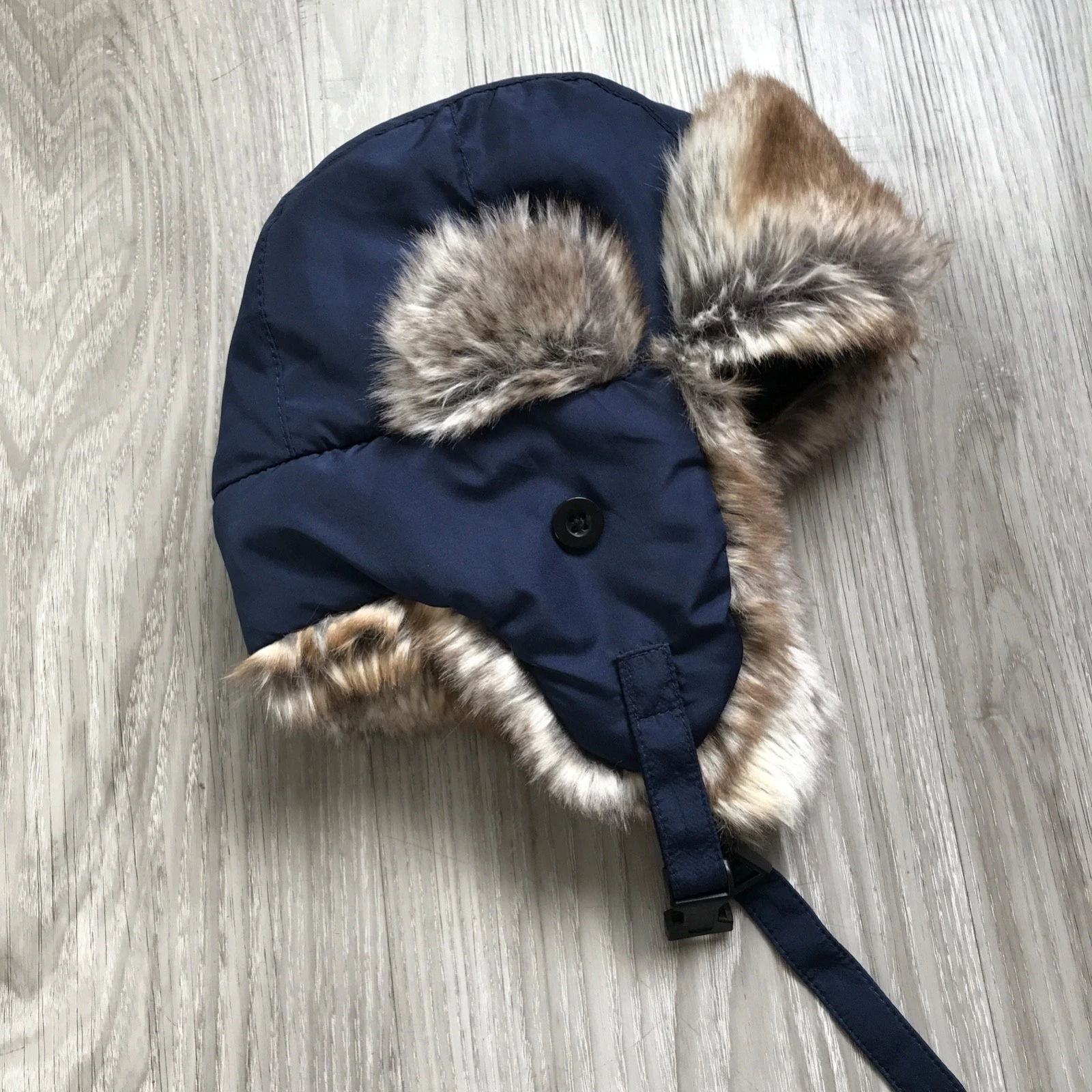 Infant APPAMAN Furry Winter Hat, Navy with Brown Soft Fur, Infant Size 6M-18M