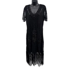 Babeyond Shift Dress WMNS XL Black Beaded Short Sheer Fringe Hem V-Neck 20's Era