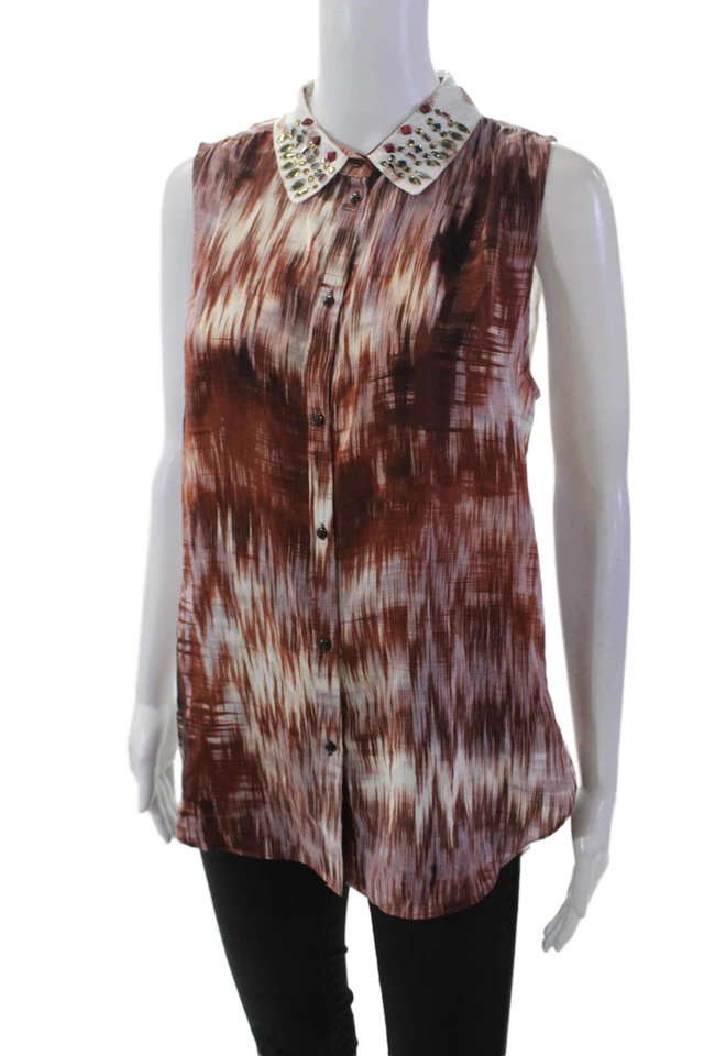 Camiseta sin mangas Elizabeth and James para mujer de seda con botones marrón púrpura talla mediana Foto 2 de 4