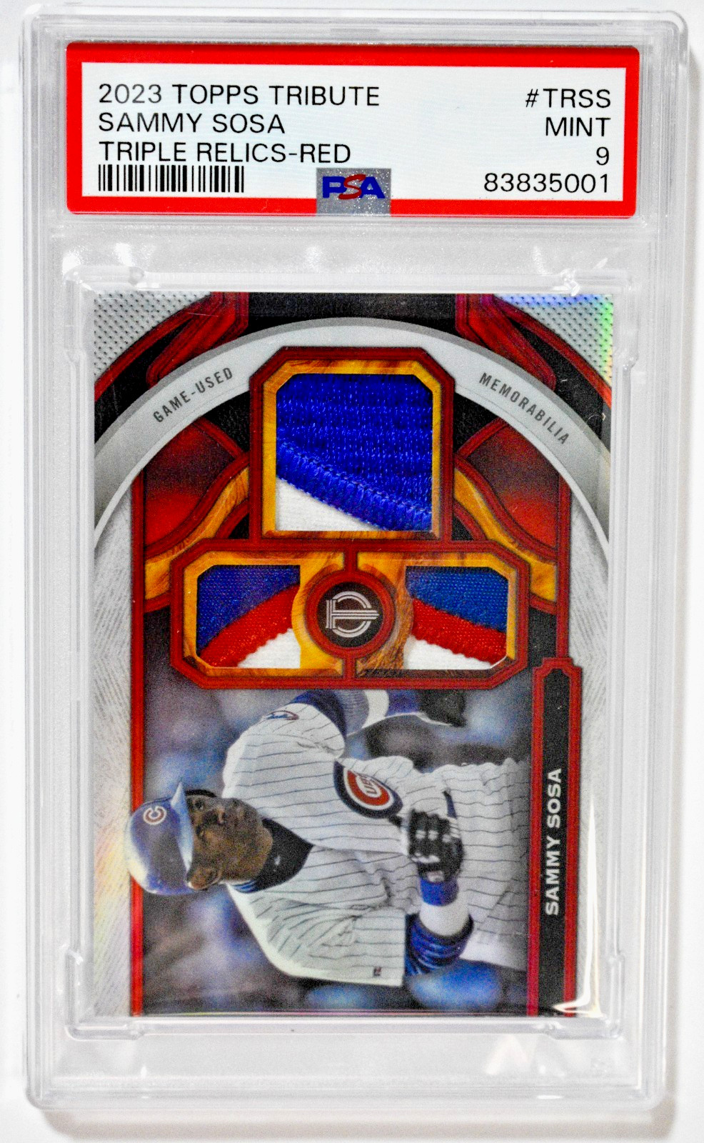 2023 Topps Tribute Sammy Sosa Triple Relics Red /10 Game Used PSA 9 Pop 1 Cubs
