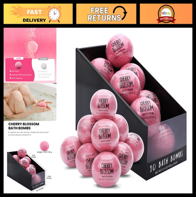 10 Bath Bombs Gift Set with Essential Oils - Cherry Blossom, Handmade Spa Gift f
