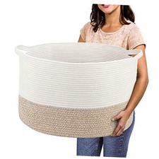 Extra Large Cotton Rope Basket 22" x 14" - Toy Basket for Kids White  Beige