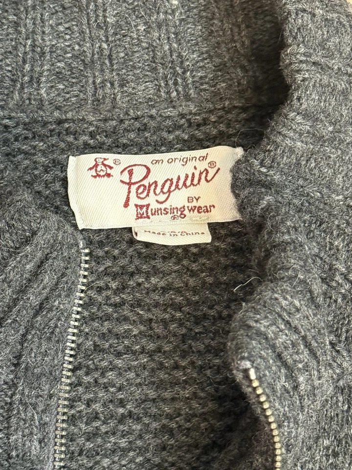 Cardigã suéter cinza original Penguin Munsingwear masculino grande lã zíper completo - Imagem 2 de 4