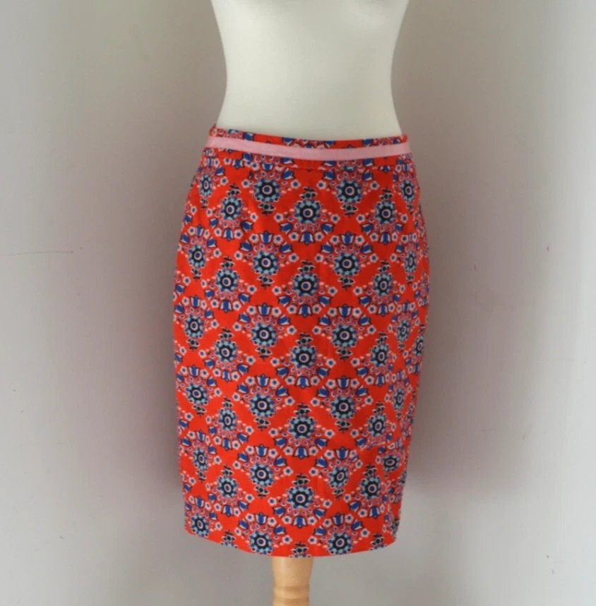 BODEN Red & Blue Pencil Straight Skirt Geometric Floral Preppy UK 12 Regular