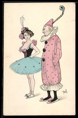 AK Frau im Kleid steht neben einem Pierrot Akt 