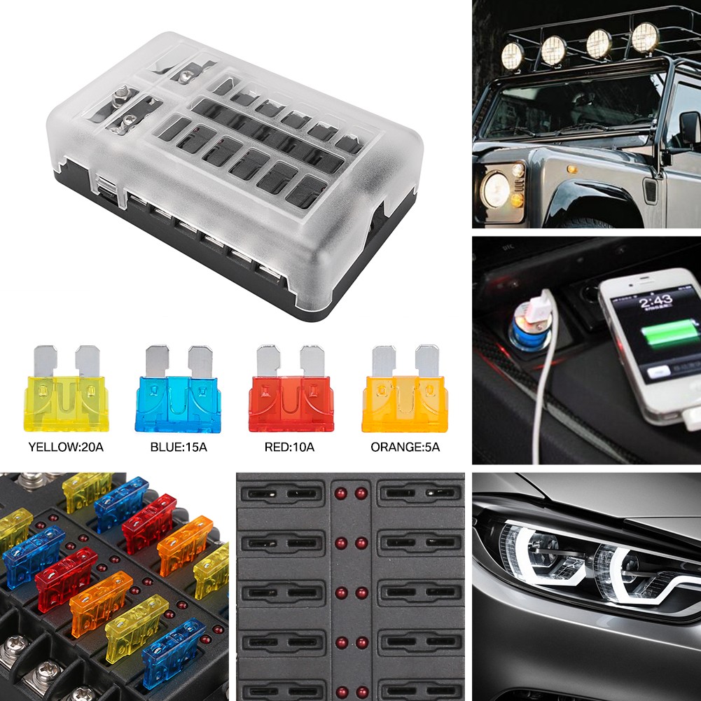 12 Way Blade Fuse Box Block Holder LED Indicator 12V 32V Auto Marine Waterproof